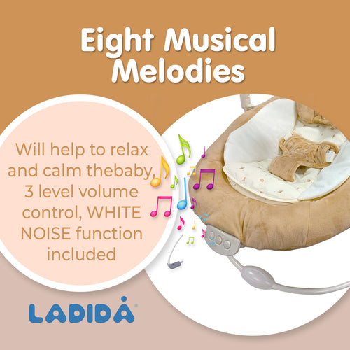 LADIDA Brown Teddy Bear Soft Padded Reclinable Baby Bouncer with Music, White Noise, Viberation - 78