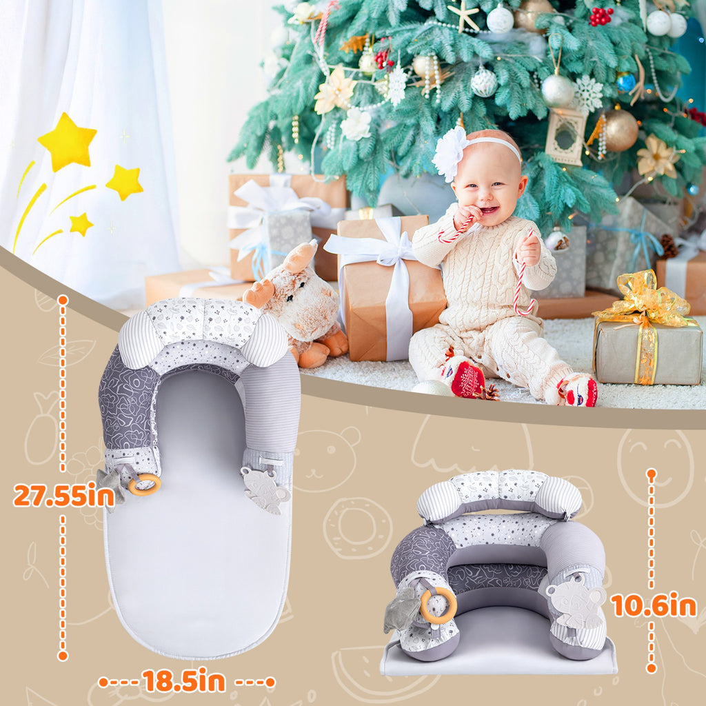LADIDA 4-in-1 Baby Tummy Time Pillow & Seated Support Playmat,Easy to Clean for 0-36Months Infant (Grey) 2505