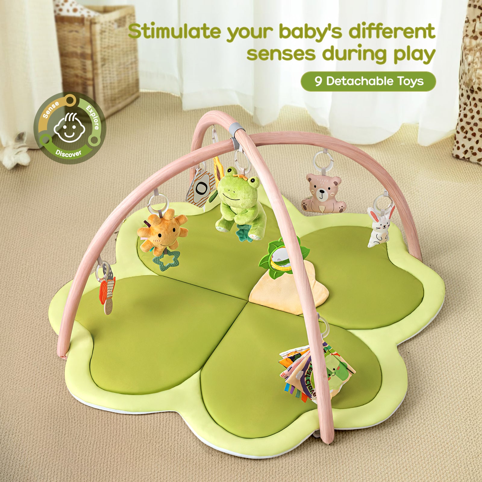 LADIDA Baby Play Mat & Activity Gym, Larger Four-Leaf Clover Shaped Tummy Time Mat Suitable for Babies 0-36 Months Oliver Green 2403