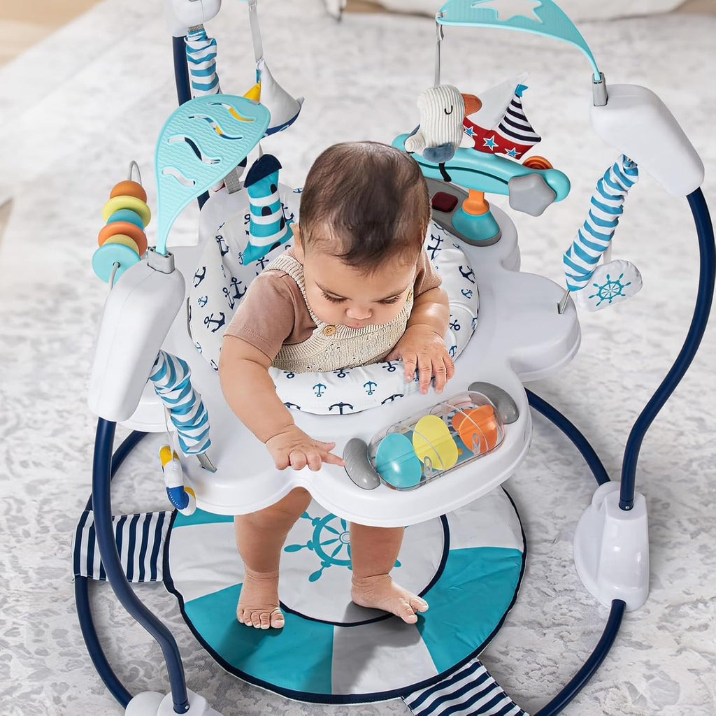 LADIDA Stationary Jumperoo Baby Bouncer Chair Acrobat - 360° Rotating Seat, Musical Toys, and Adjustable Heights (Nautical Activity Blue)
