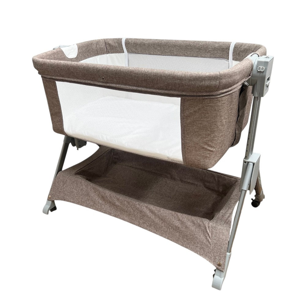 LADIDA 4-in-1 Bedside Baby Crib - 6-Level Adjustable, Easy Fold Travel Cot with Wheels, Storage, Mosquito Net & Mattress, Portable for Newborn (Oatmeal)