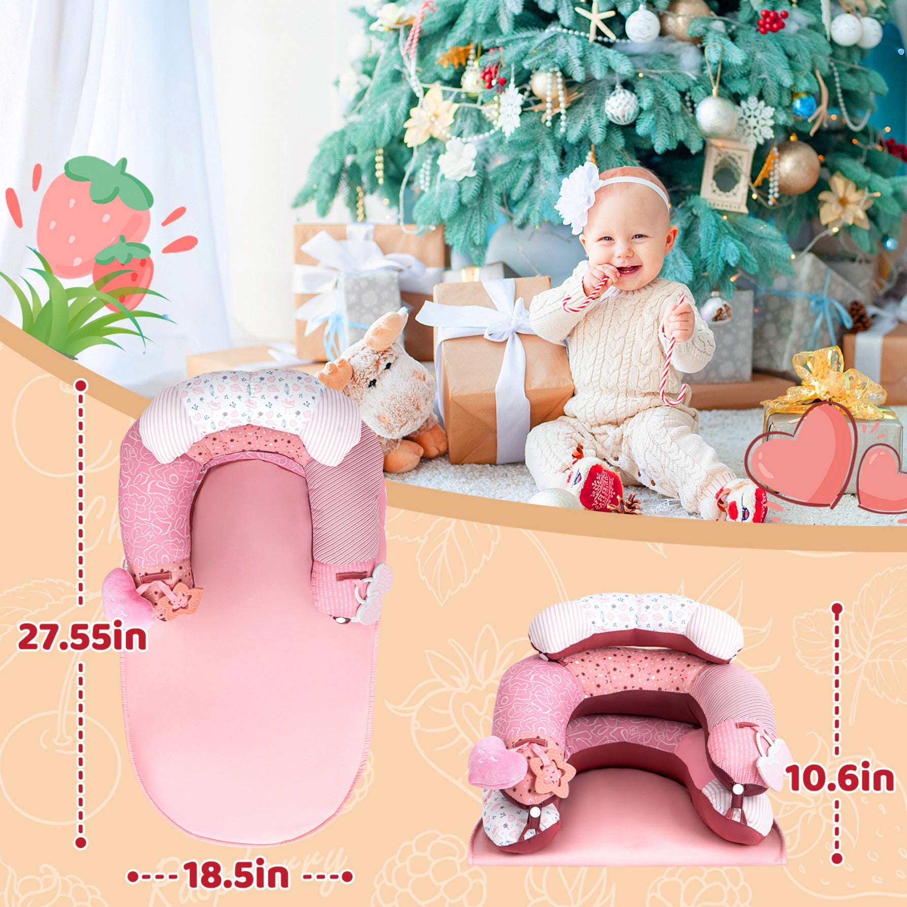 LADIDA 4-in-1 Baby Tummy Time Pillow & Seated Support Playmat,Easy to Clean,Cute Strawberry Design for 0-36Months Infant (Pink) 2501