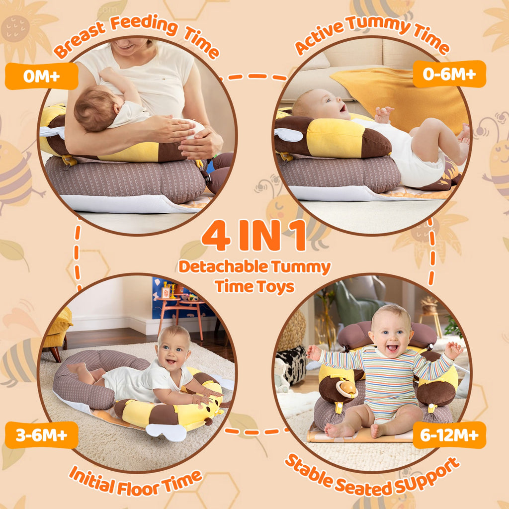 LADIDA 4-in-1 Baby Tummy Time Pillow & Seated Support Playmat,Easy to Clean,Cute Bee Design for 0-36Months Infant (Yellow) 2503