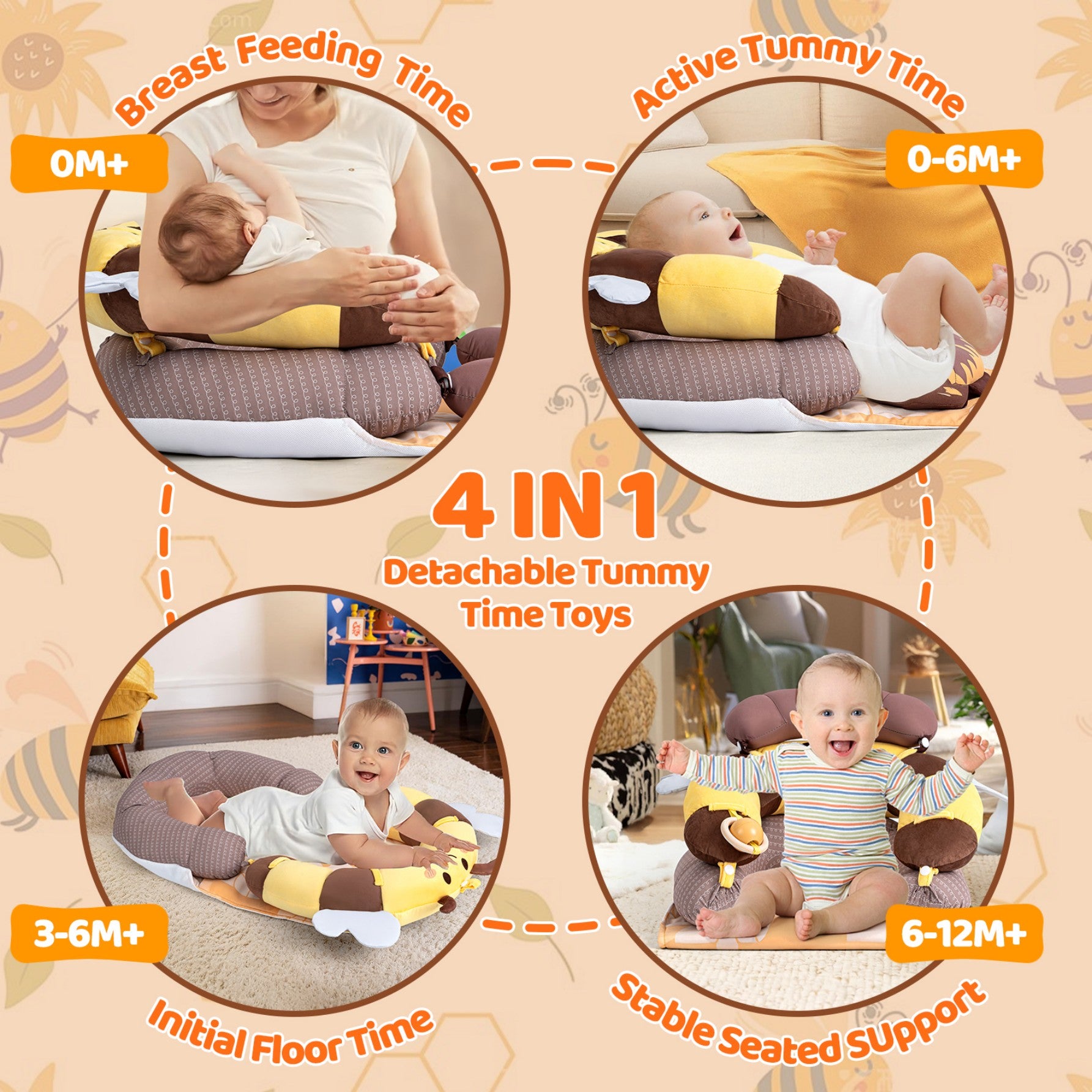 LADIDA 4-in-1 Baby Tummy Time Pillow & Seated Support Playmat,Easy to Clean,Cute Bee Design for 0-36Months Infant (Yellow) 2503