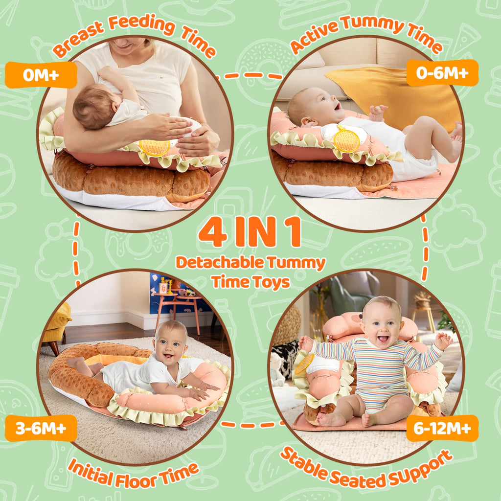 LADIDA 4-in-1 Baby Tummy Time Pillow & Seated Support Playmat, Easy to Clean, Cute Hamburger Design for 0-36Months Infant (Peach Pink) 2504