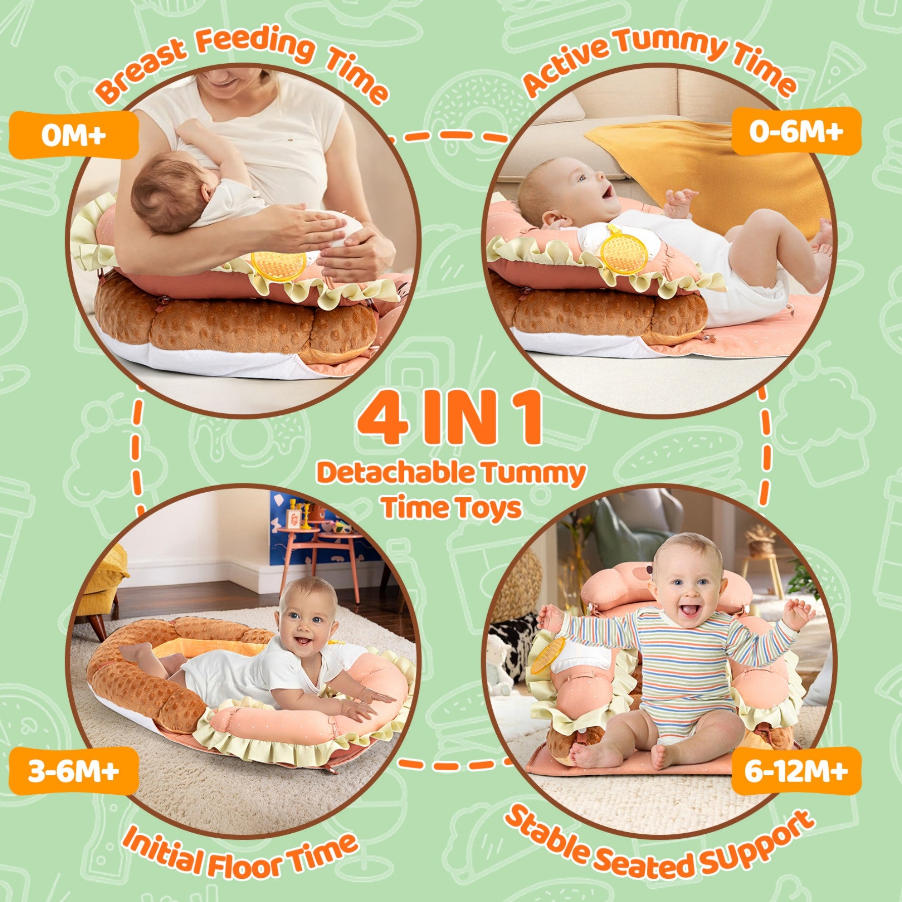 LADIDA 4-in-1 Baby Tummy Time Pillow & Seated Support Playmat, Easy to Clean, Cute Hamburger Design for 0-36Months Infant (Peach Pink) 2504