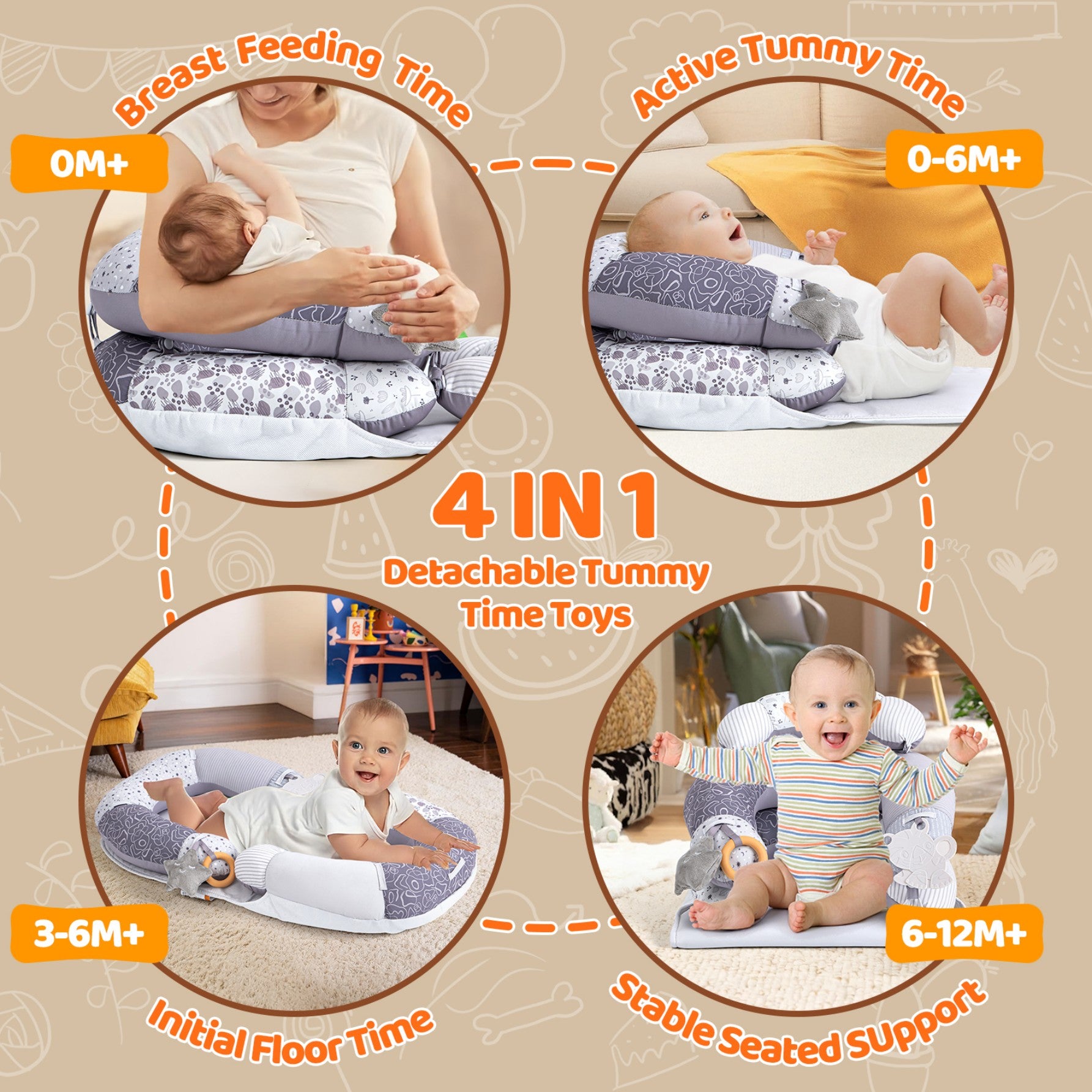 LADIDA 4-in-1 Baby Tummy Time Pillow & Seated Support Playmat,Easy to Clean for 0-36Months Infant (Grey) 2505