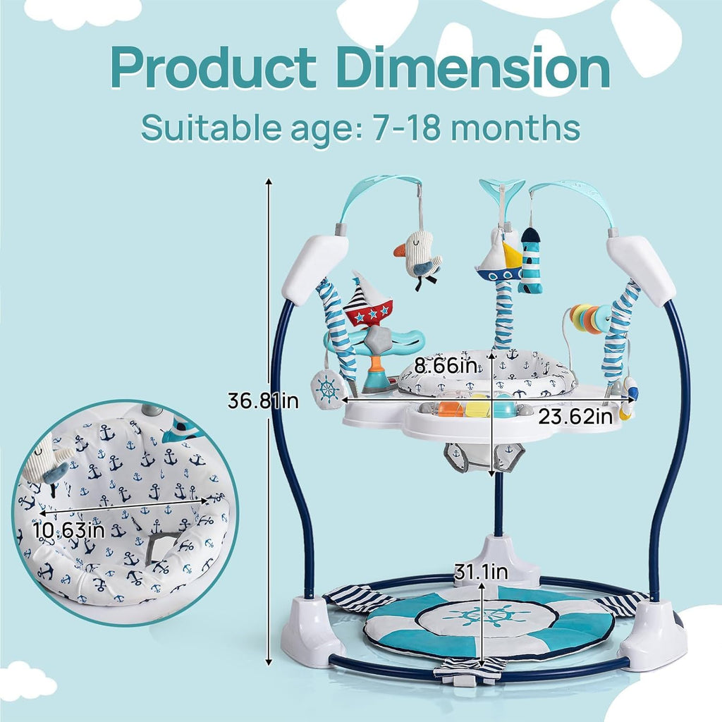 LADIDA Stationary Jumperoo Baby Bouncer Chair Acrobat - 360° Rotating Seat, Musical Toys, and Adjustable Heights (Nautical Activity Blue)