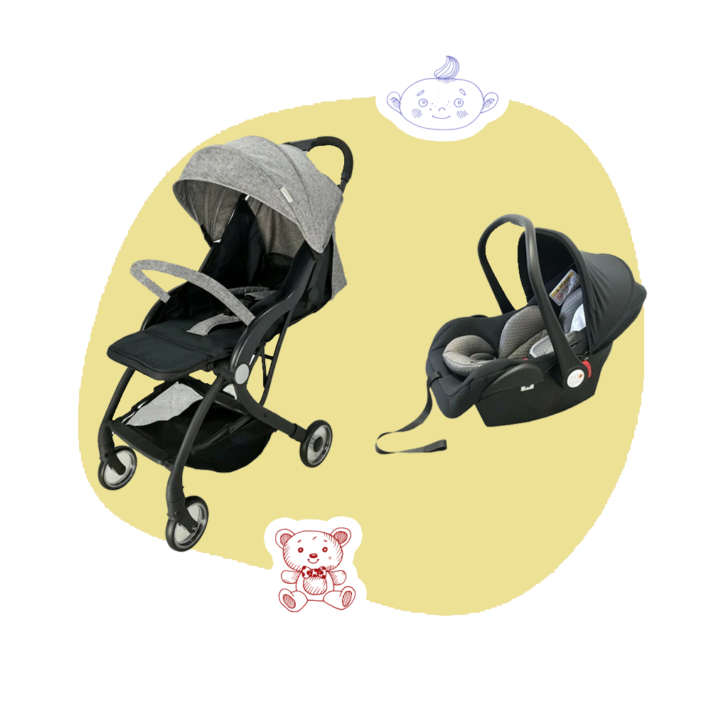 Grey Compact Lightweight Baby Pushchair with Car Seat.
