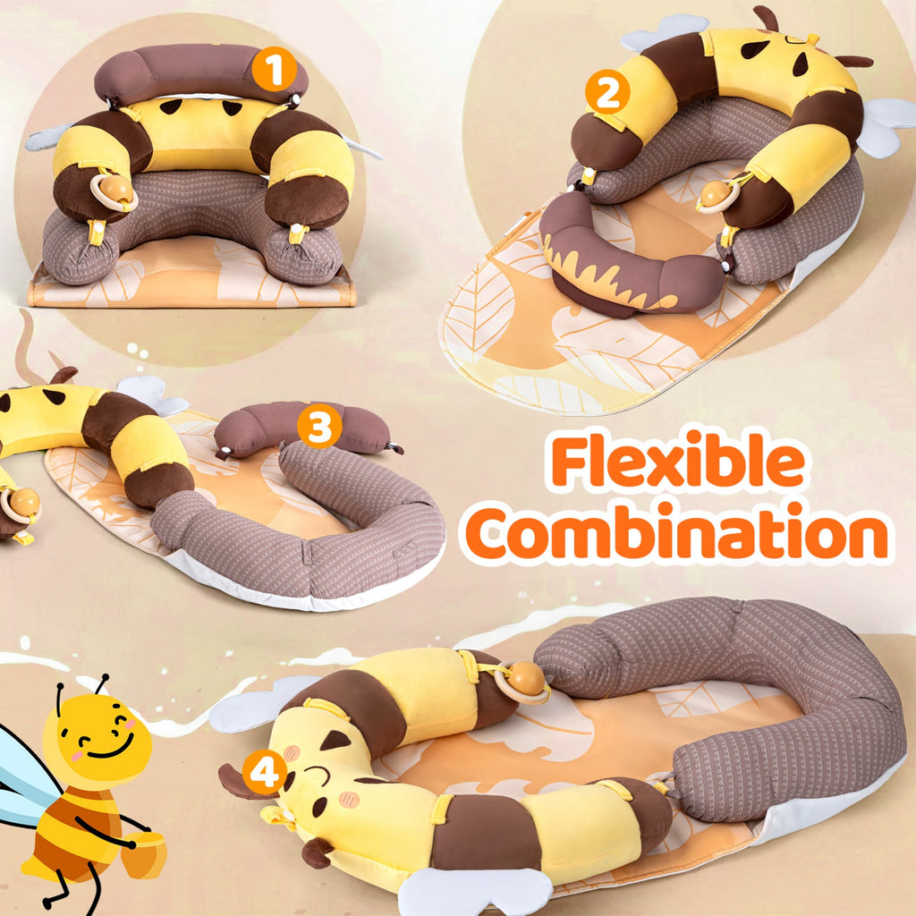 LADIDA 4-in-1 Baby Tummy Time Pillow & Seated Support Playmat,Easy to Clean,Cute Bee Design for 0-36Months Infant (Yellow) 2503