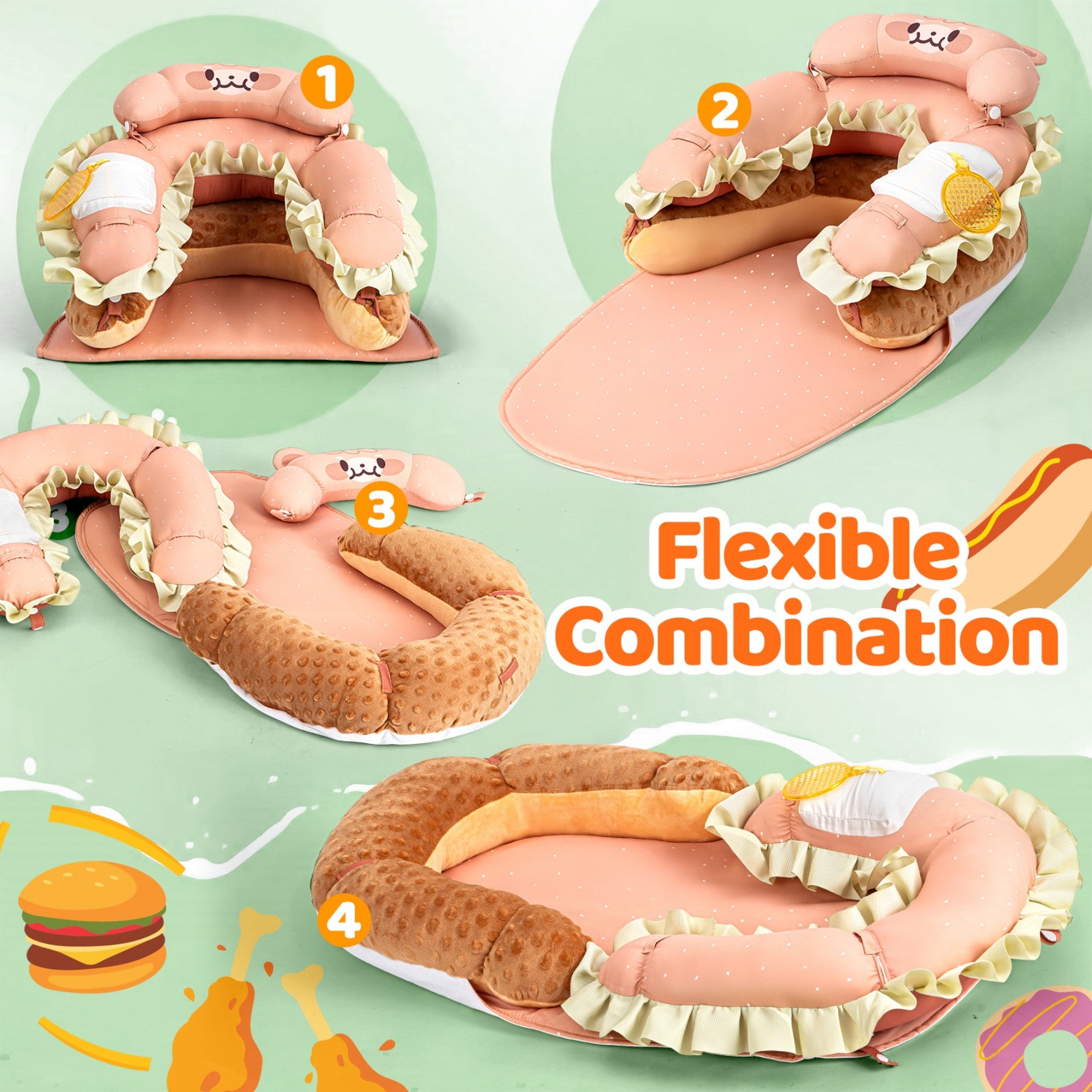 LADIDA 4-in-1 Baby Tummy Time Pillow & Seated Support Playmat, Easy to Clean, Cute Hamburger Design for 0-36Months Infant (Peach Pink) 2504