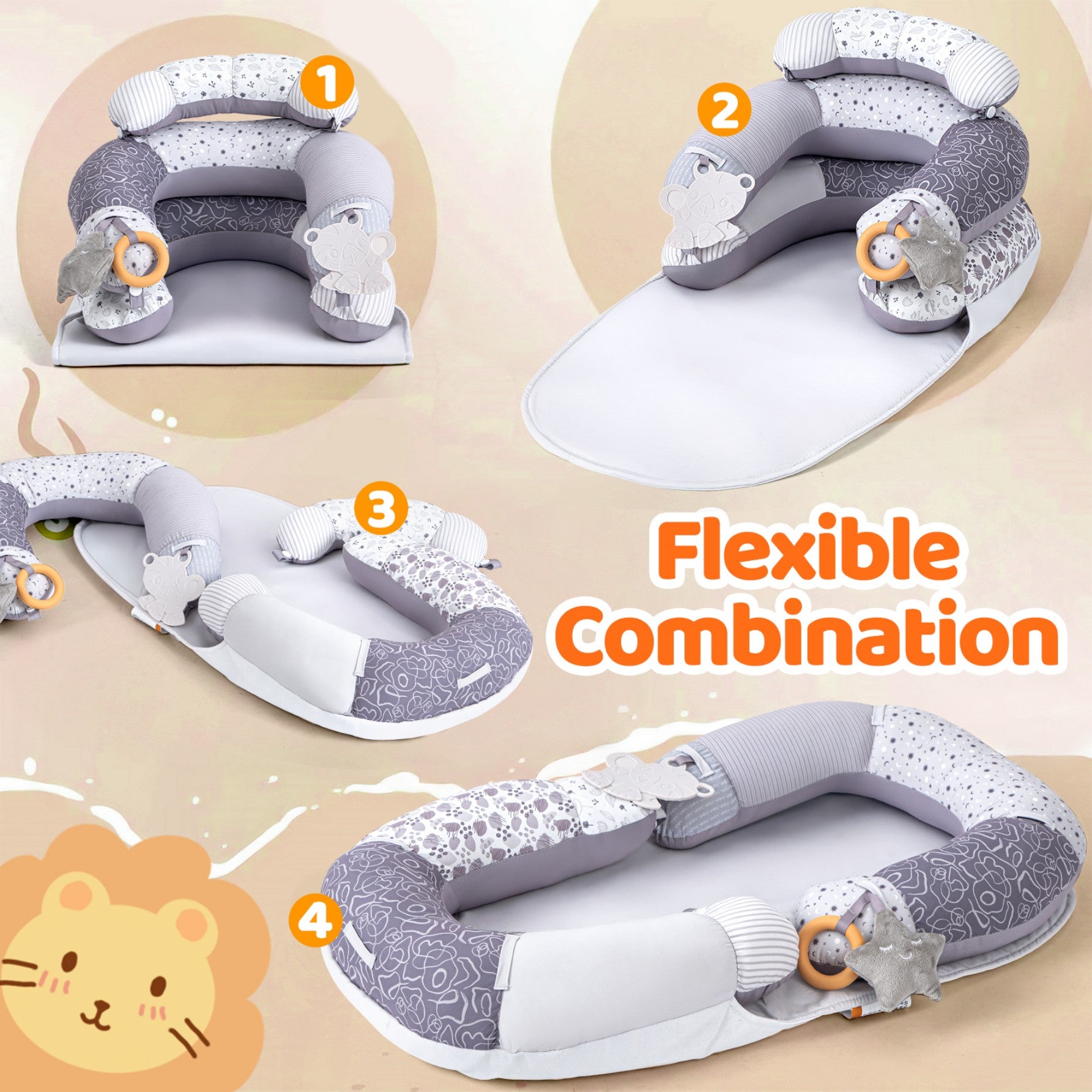 LADIDA 4-in-1 Baby Tummy Time Pillow & Seated Support Playmat,Easy to Clean for 0-36Months Infant (Grey) 2505