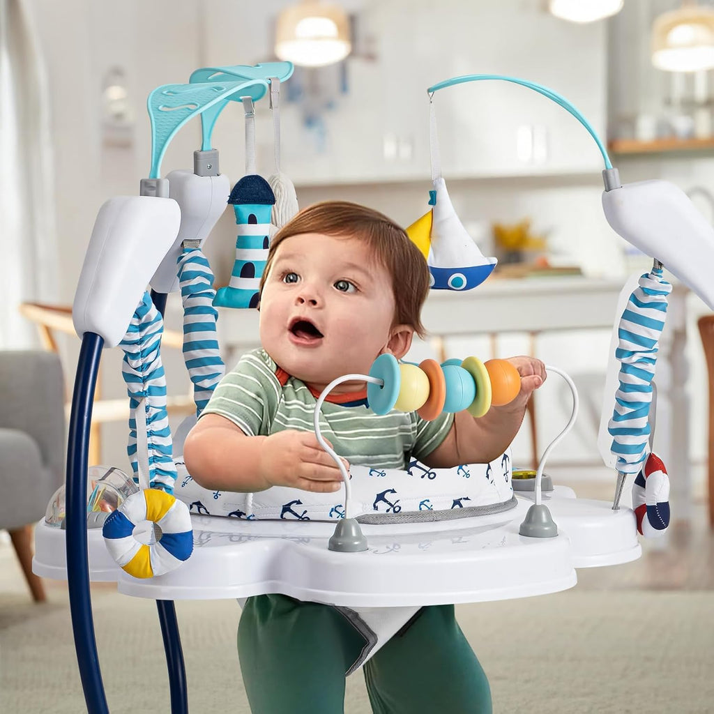 LADIDA Stationary Jumperoo Baby Bouncer Chair Acrobat - 360° Rotating Seat, Musical Toys, and Adjustable Heights (Nautical Activity Blue)