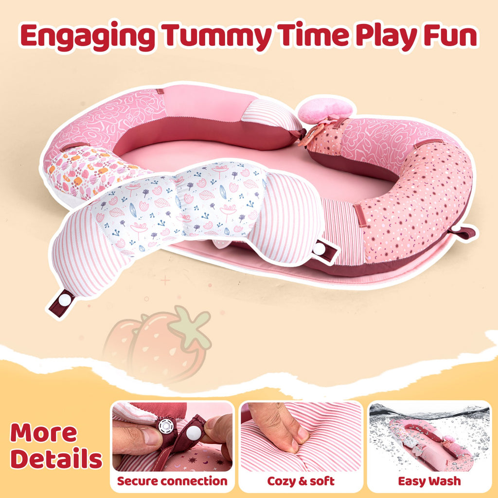 LADIDA 4-in-1 Baby Tummy Time Pillow & Seated Support Playmat,Easy to Clean,Cute Strawberry Design for 0-36Months Infant (Pink) 2501