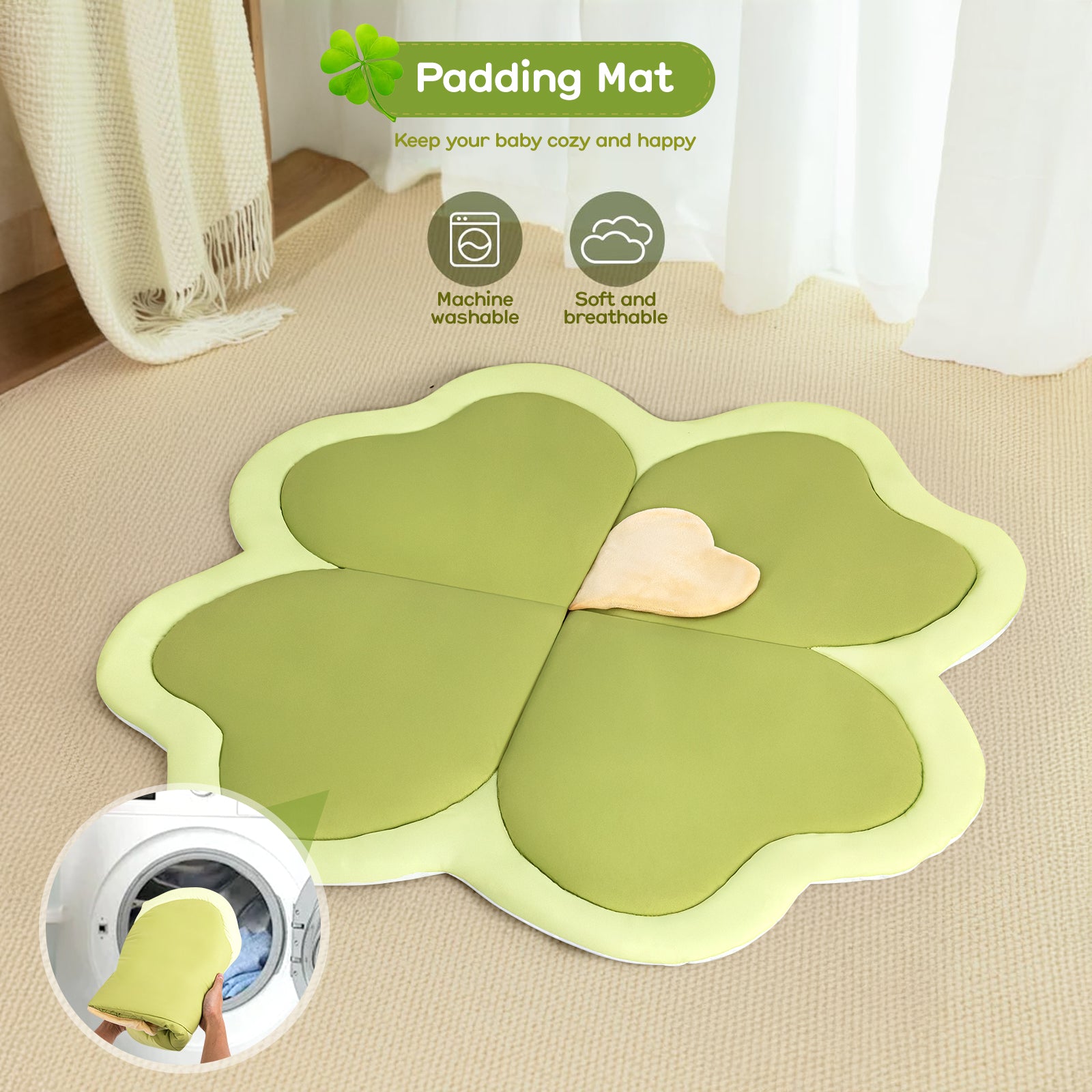 LADIDA Baby Play Mat & Activity Gym, Larger Four-Leaf Clover Shaped Tummy Time Mat Suitable for Babies 0-36 Months Oliver Green 2403