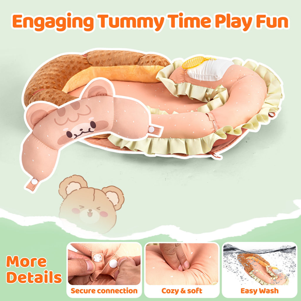 LADIDA 4-in-1 Baby Tummy Time Pillow & Seated Support Playmat, Easy to Clean, Cute Hamburger Design for 0-36Months Infant (Peach Pink) 2504