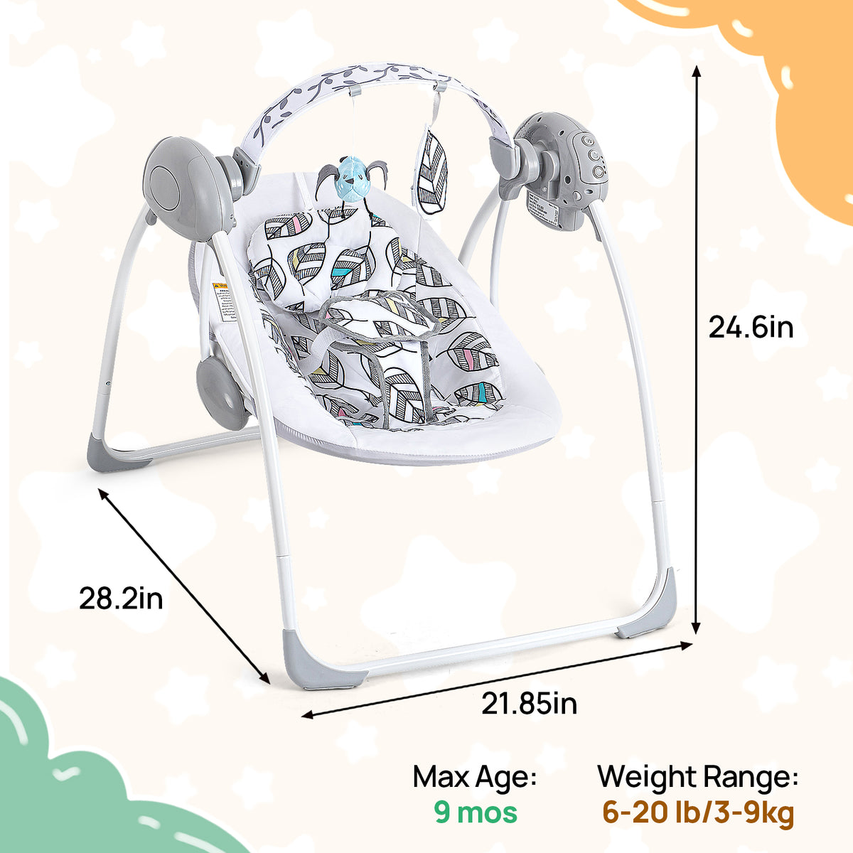 LADIDA Electric Foldable Baby Swing with Speed Control, Timer, Built‑in Music, Model 2301