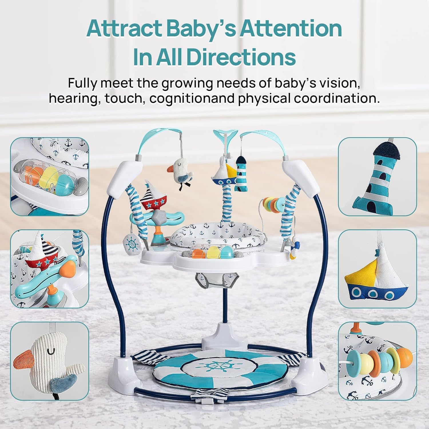 LADIDA Stationary Jumperoo Baby Bouncer Chair Acrobat - 360° Rotating Seat, Musical Toys, and Adjustable Heights (Nautical Activity Blue)