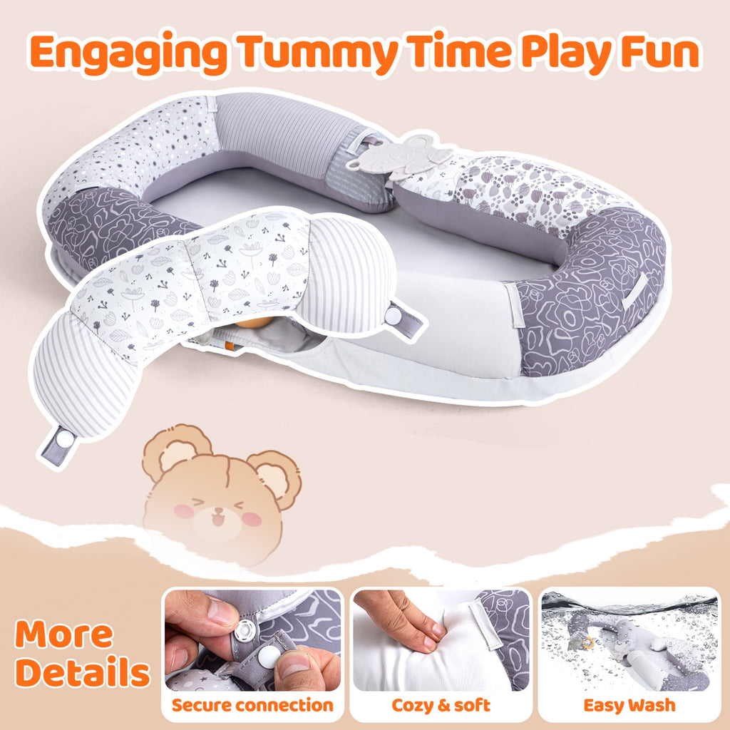 LADIDA 4-in-1 Baby Tummy Time Pillow & Seated Support Playmat,Easy to Clean for 0-36Months Infant (Grey) 2505