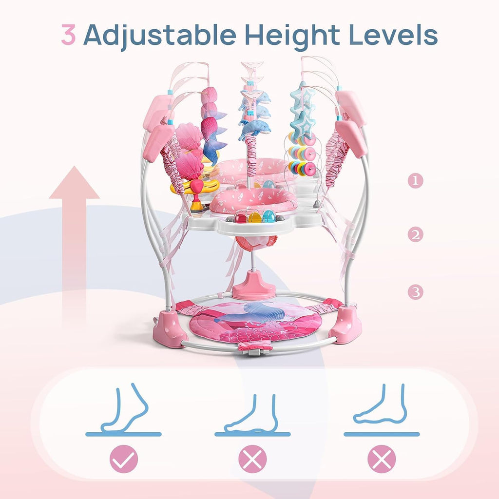 LADIDA Stationary Jumperoo Baby Bouncer Chair Acrobat - 360° Rotating Seat, Musical Toys, and Adjustable Heights (Pink Mermaid) 2501