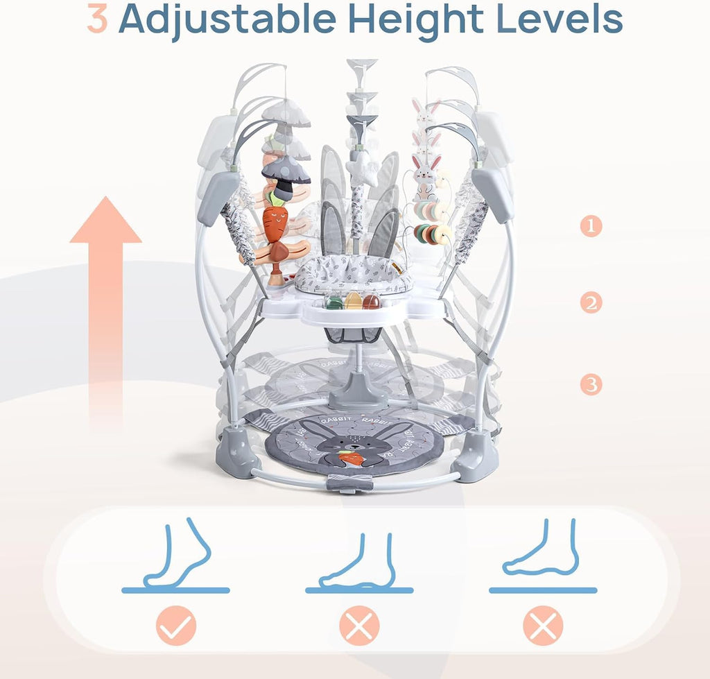 LADIDA Stationary Jumperoo Baby Bouncer Chair Acrobat - 360° Rotating Seat, Musical Toys, and Adjustable Heights (Grey Rabbit) 2504