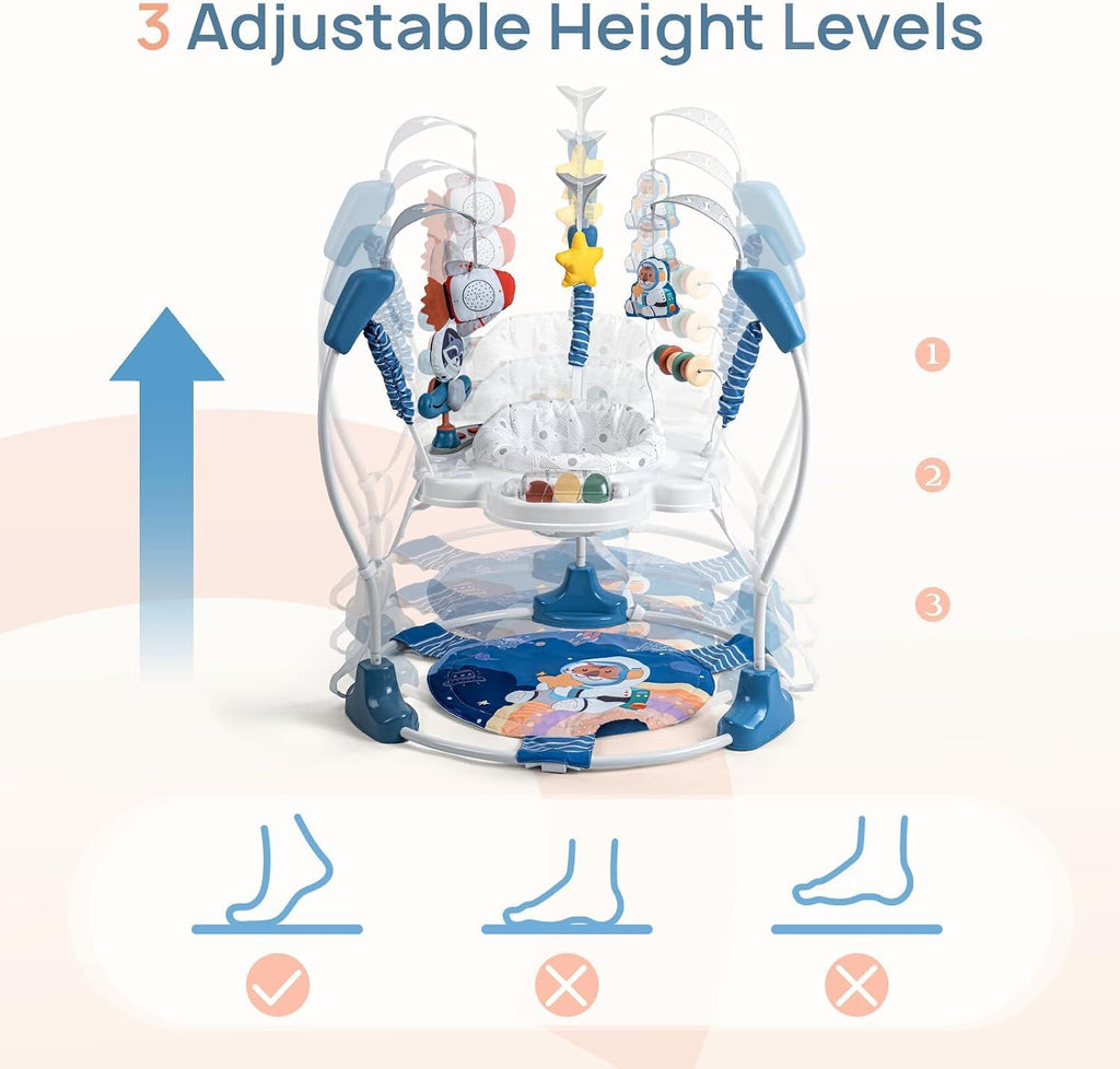 LADIDA Stationary Jumperoo Baby Bouncer Chair Acrobat - 360° Rotating Seat, Musical Toys, and Adjustable Heights (Blue Tiger) 2503