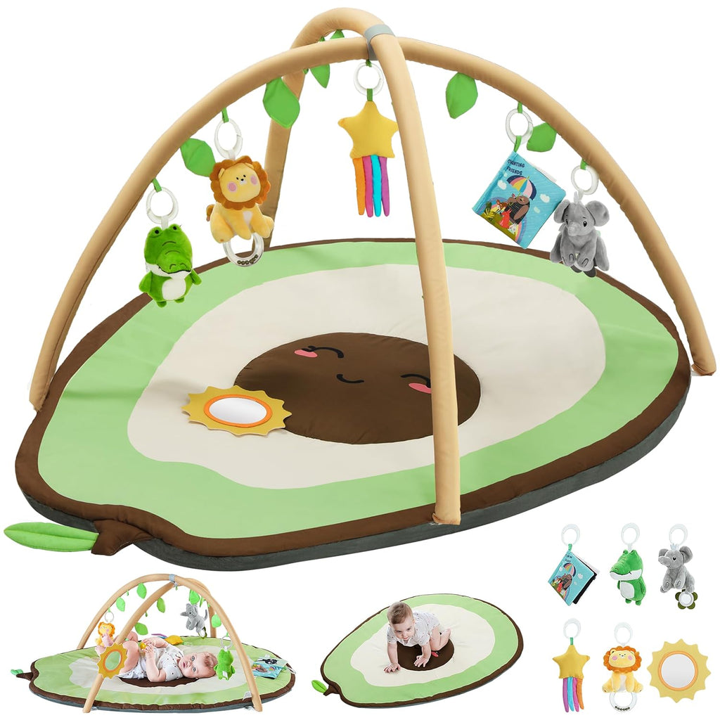LADIDA Baby Play Mat - Large Avocado Shaped Playmat with 6 Detachable Toys | Newborn Activity Gym for 0+ Months| Sensory Playmat for Motor Skills,Washable Infant Baby Essentials
