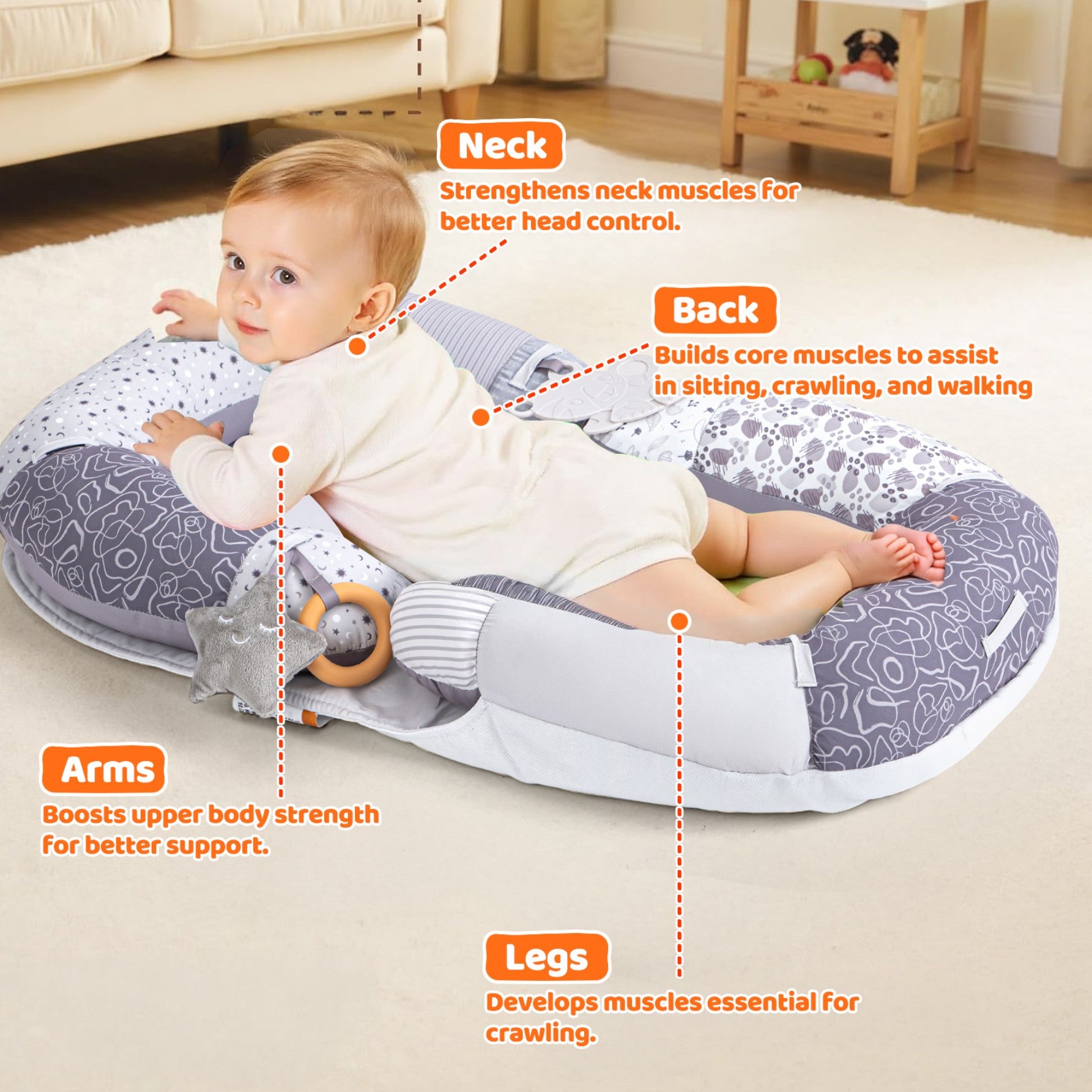 LADIDA 4-in-1 Baby Tummy Time Pillow & Seated Support Playmat,Easy to Clean for 0-36Months Infant (Grey) 2505