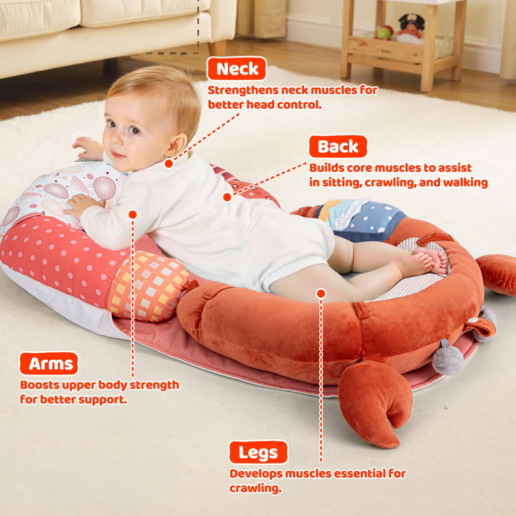 LADIDA 4-in-1 Baby Tummy Time Pillow & Seated Support Playmat,Easy to Clean,Cute Crab Design for 0-36Months Infant (Red) 2502