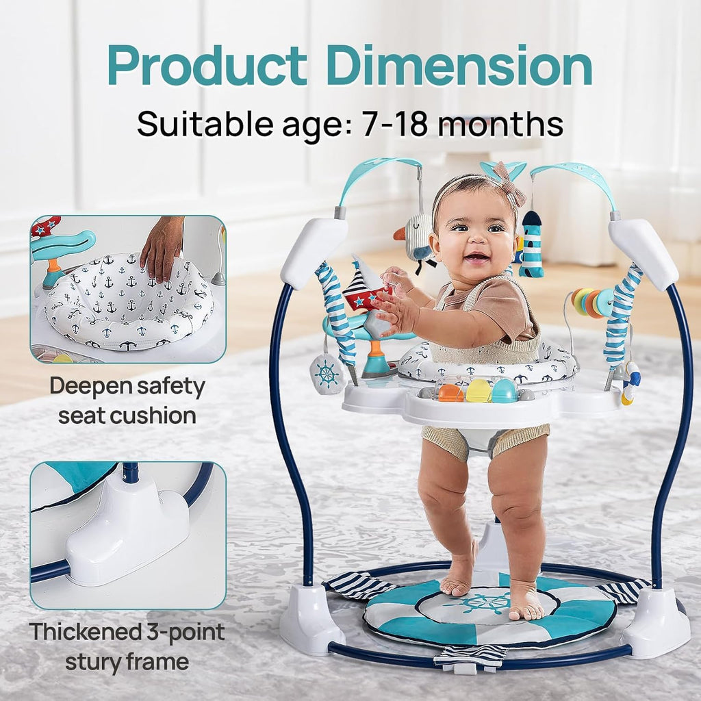 LADIDA Stationary Jumperoo Baby Bouncer Chair Acrobat - 360° Rotating Seat, Musical Toys, and Adjustable Heights (Nautical Activity Blue)