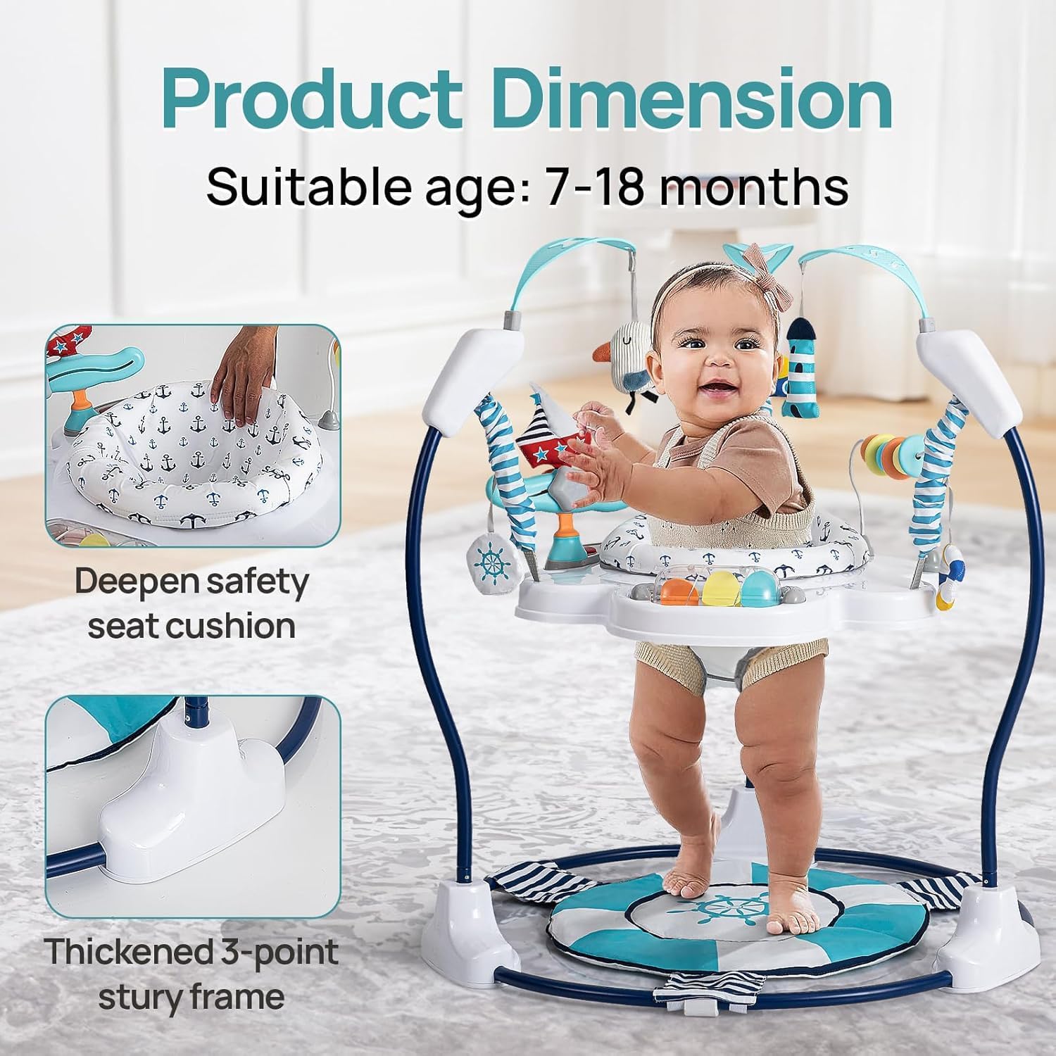 LADIDA Stationary Jumperoo Baby Bouncer Chair Acrobat - 360° Rotating Seat, Musical Toys, and Adjustable Heights (Nautical Activity Blue)
