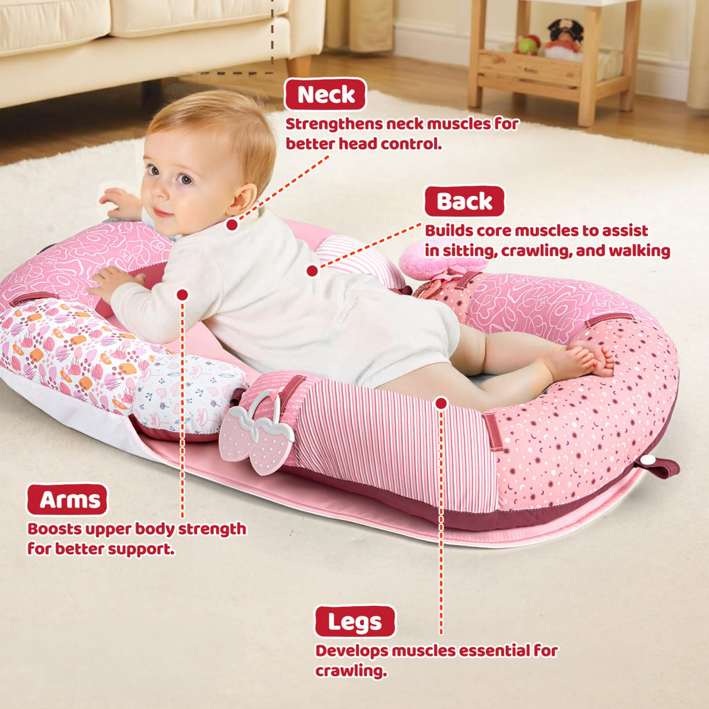 LADIDA 4-in-1 Baby Tummy Time Pillow & Seated Support Playmat,Easy to Clean,Cute Strawberry Design for 0-36Months Infant (Pink) 2501