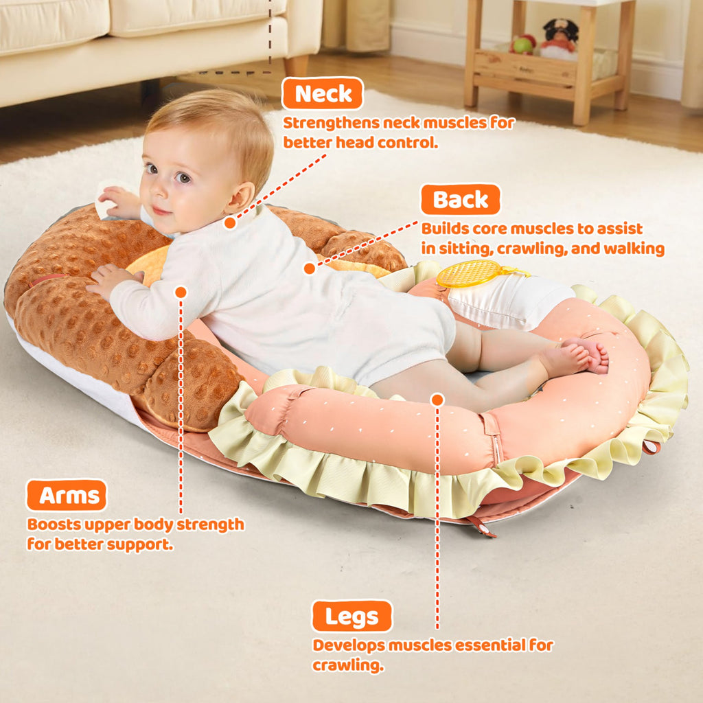 LADIDA 4-in-1 Baby Tummy Time Pillow & Seated Support Playmat, Easy to Clean, Cute Hamburger Design for 0-36Months Infant (Peach Pink) 2504