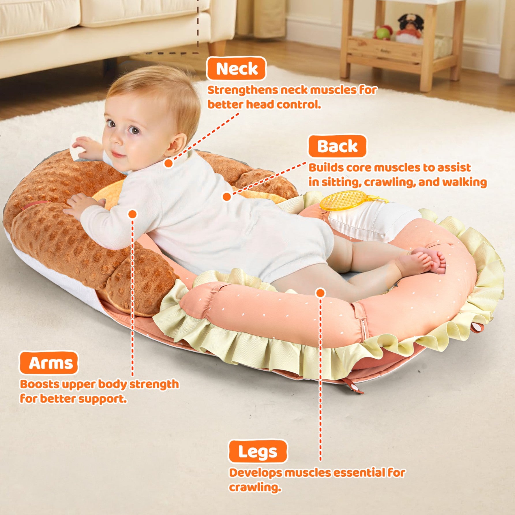 LADIDA 4-in-1 Baby Tummy Time Pillow & Seated Support Playmat, Easy to Clean, Cute Hamburger Design for 0-36Months Infant (Peach Pink) 2504