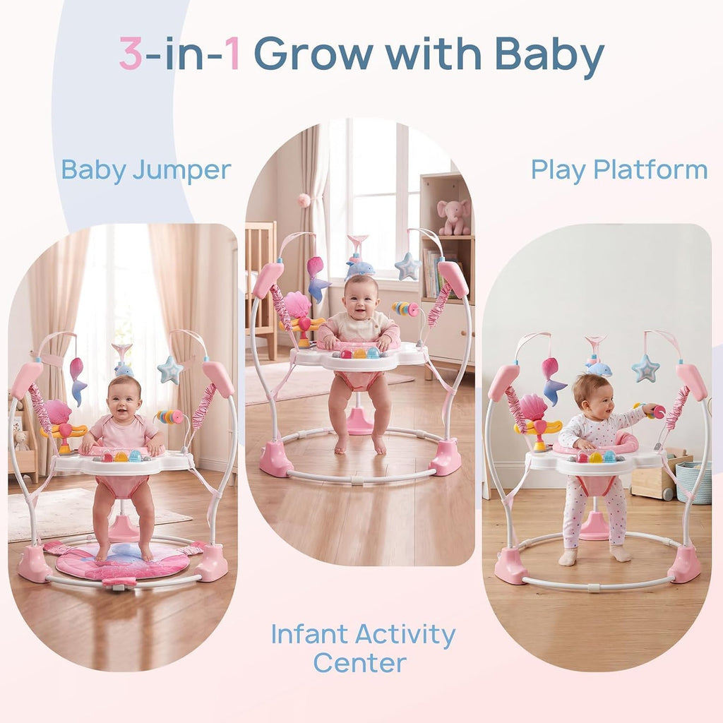 LADIDA Stationary Jumperoo Baby Bouncer Chair Acrobat - 360° Rotating Seat, Musical Toys, and Adjustable Heights (Pink Mermaid) 2501