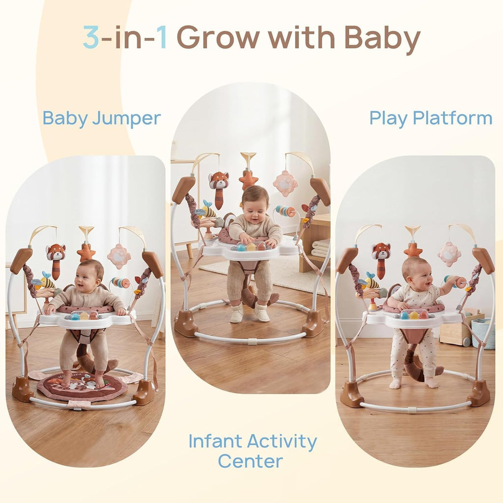 LADIDA Stationary Jumperoo Baby Bouncer Chair Acrobat - 360° Rotating Seat, Musical Toys, and Adjustable Heights (Brown Bear) 2502