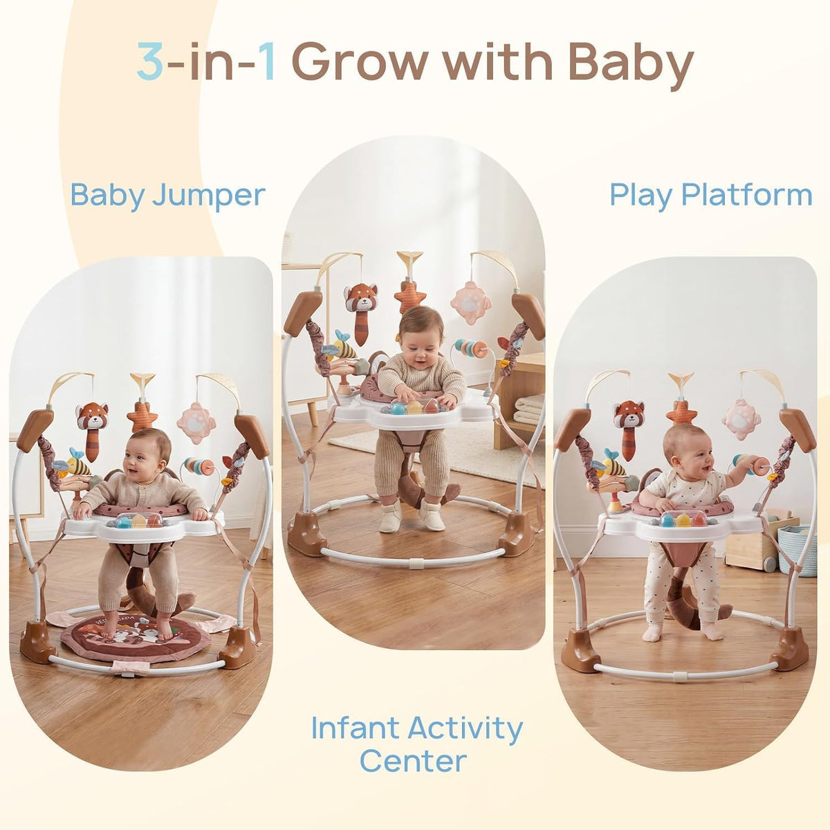 LADIDA Stationary Jumperoo Baby Bouncer Chair Acrobat - 360° Rotating Seat, Musical Toys, and Adjustable Heights (Brown Bear) 2502
