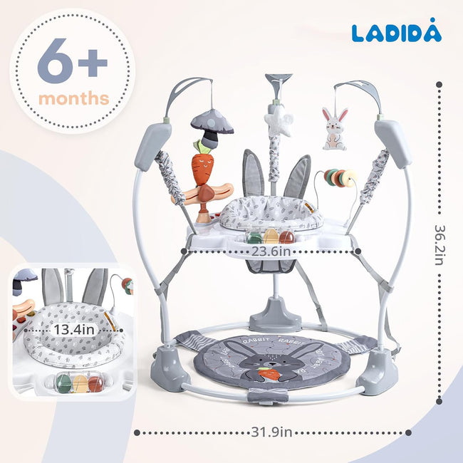 LADIDA Stationary Jumperoo Baby Bouncer Chair Acrobat - 360° Rotating Seat, Musical Toys, and Adjustable Heights (Grey Rabbit) 2504 Main Image