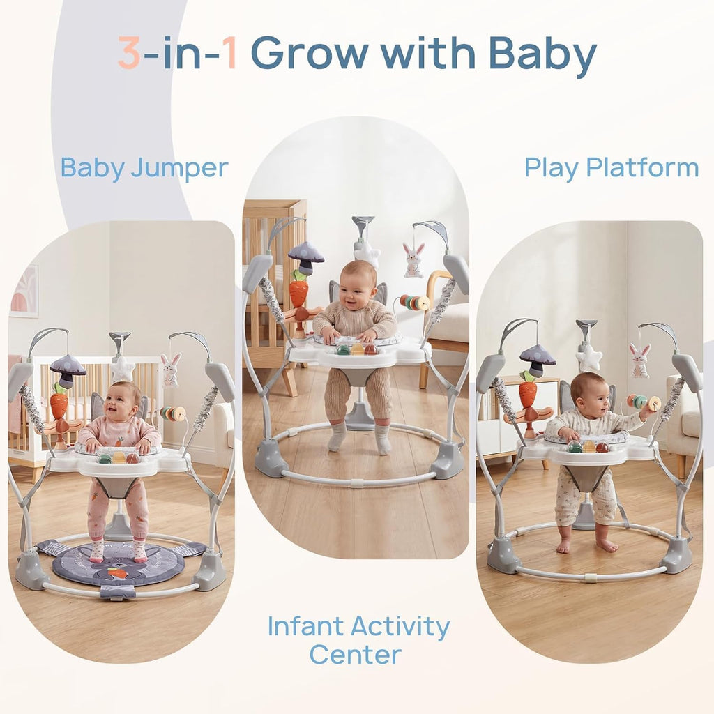 LADIDA Stationary Jumperoo Baby Bouncer Chair Acrobat - 360° Rotating Seat, Musical Toys, and Adjustable Heights (Grey Rabbit) 2504