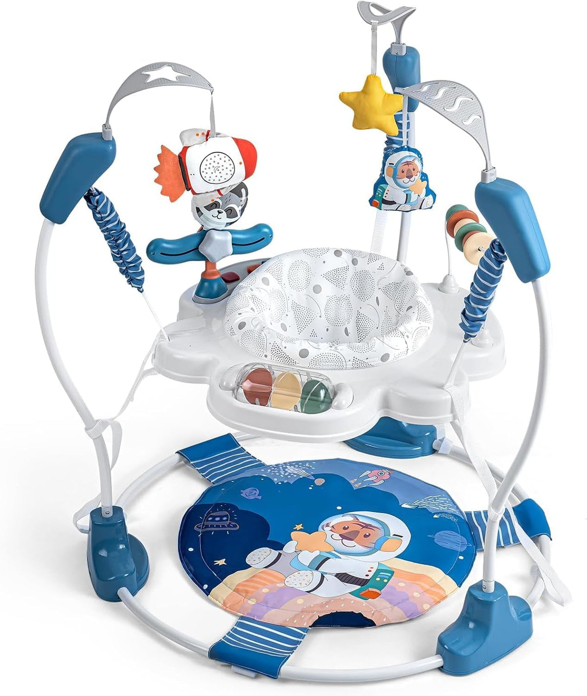 LADIDA Stationary Jumperoo Baby Bouncer Chair Acrobat - 360° Rotating Seat, Musical Toys, and Adjustable Heights (Blue Tiger) 2503