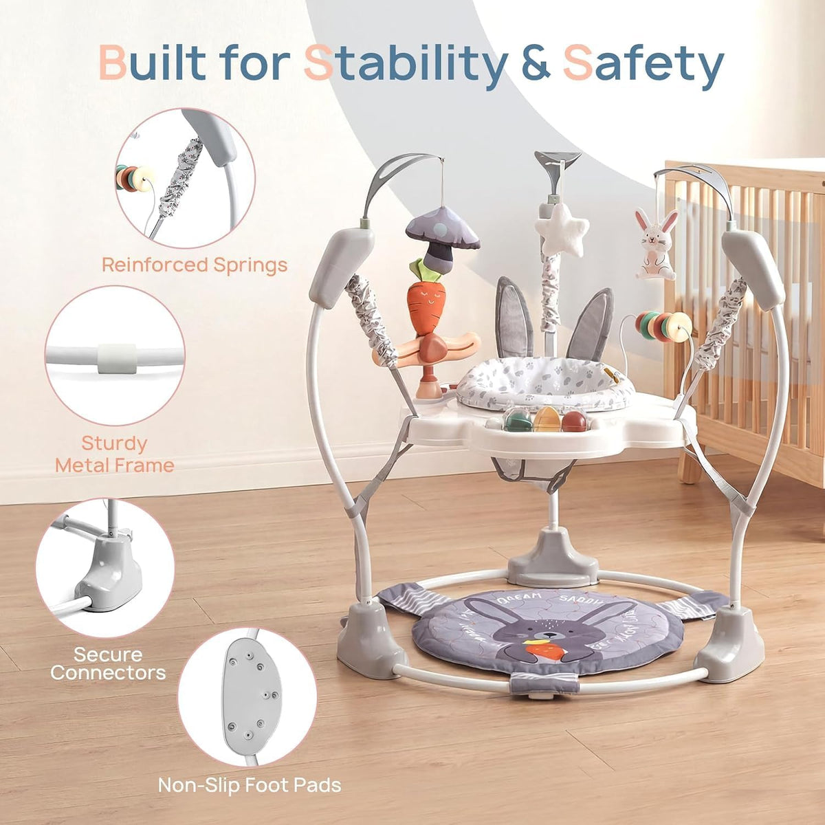 LADIDA Stationary Jumperoo Baby Bouncer Chair Acrobat - 360° Rotating Seat, Musical Toys, and Adjustable Heights (Grey Rabbit) 2504