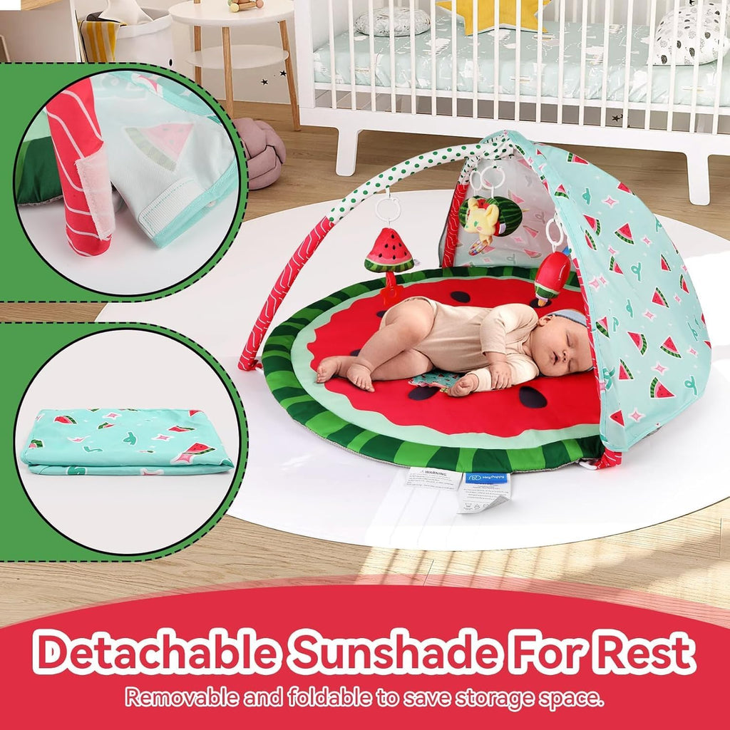 LADIDA Baby Play Mat & Gym, 3-in-1 Watermelon Tummy Time Mat, Oversize Baby Playmat for Babies with Sunshade, Non-Slip Washable Baby Mat, for Newborn, Suitable from Birth