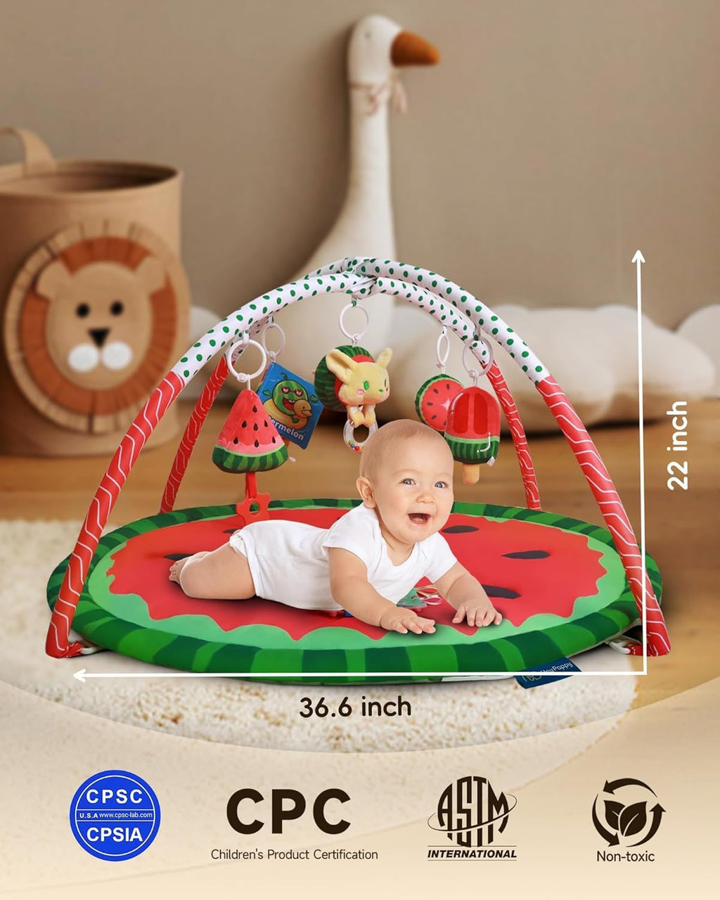 LADIDA Baby Play Mat & Gym, 3-in-1 Watermelon Tummy Time Mat, Oversize Baby Playmat for Babies with Sunshade, Non-Slip Washable Baby Mat, for Newborn, Suitable from Birth