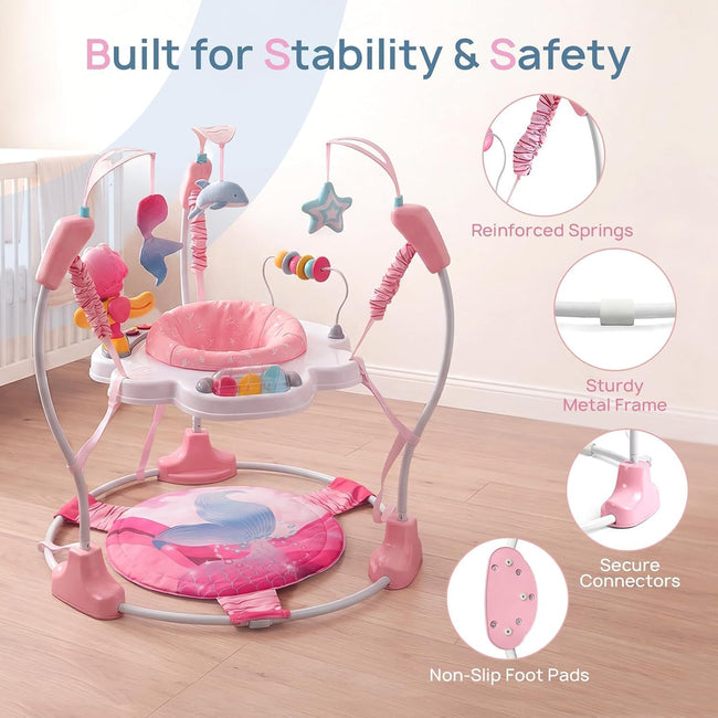 LADIDA Stationary Jumperoo Baby Bouncer Chair Acrobat - 360° Rotating Seat, Musical Toys, and Adjustable Heights (Pink Mermaid) 2501 Main Image