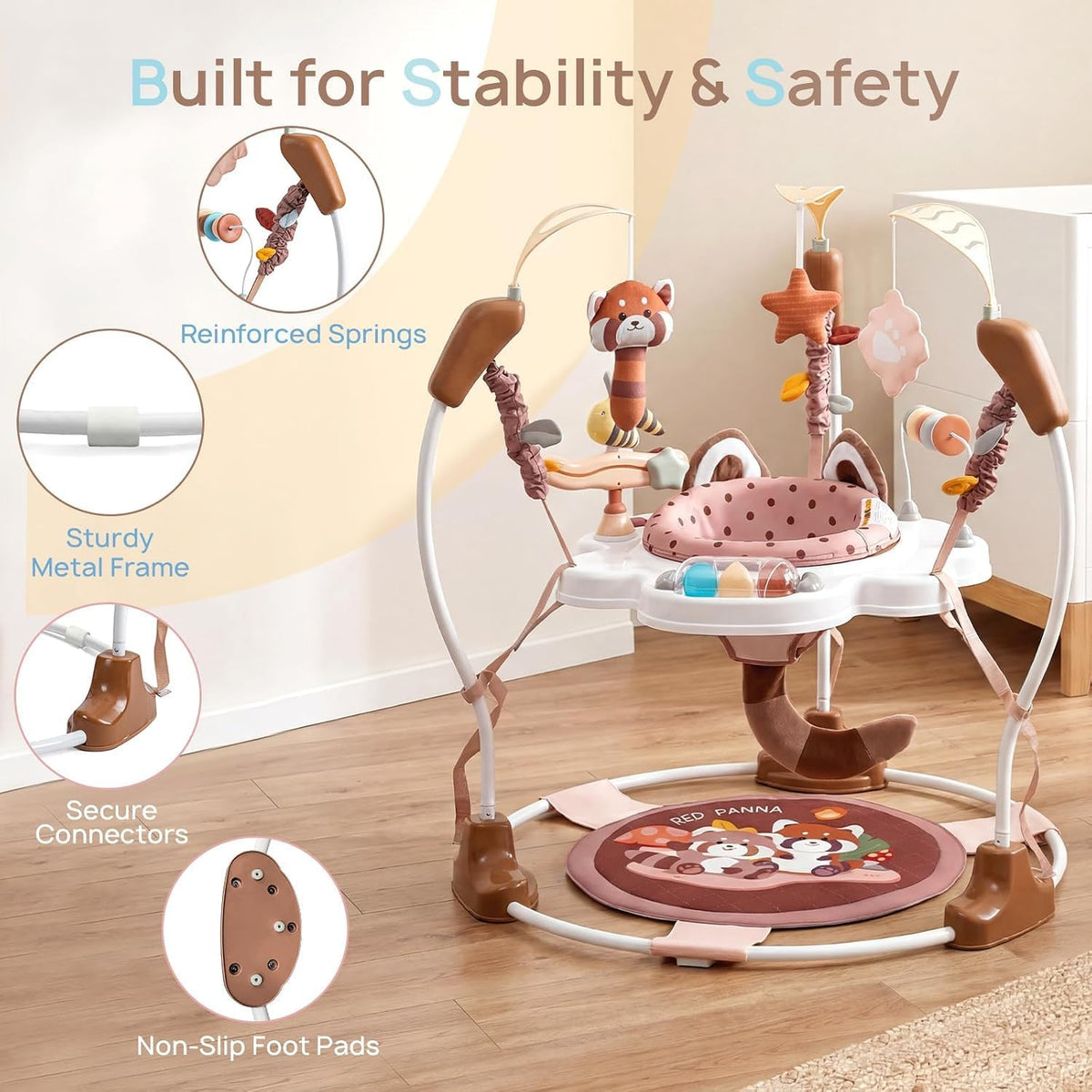 LADIDA Stationary Jumperoo Baby Bouncer Chair Acrobat - 360° Rotating Seat, Musical Toys, and Adjustable Heights (Brown Bear) 2502