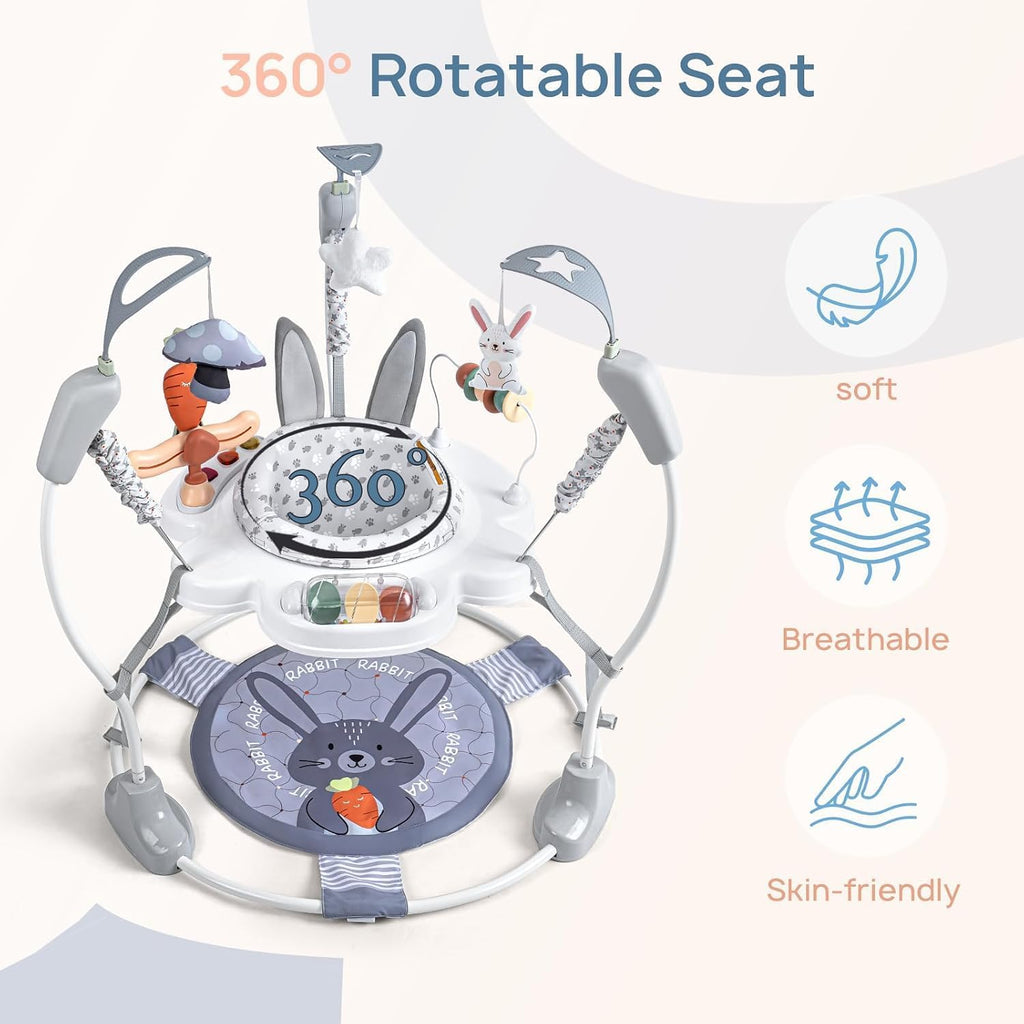 LADIDA Stationary Jumperoo Baby Bouncer Chair Acrobat - 360° Rotating Seat, Musical Toys, and Adjustable Heights (Grey Rabbit) 2504