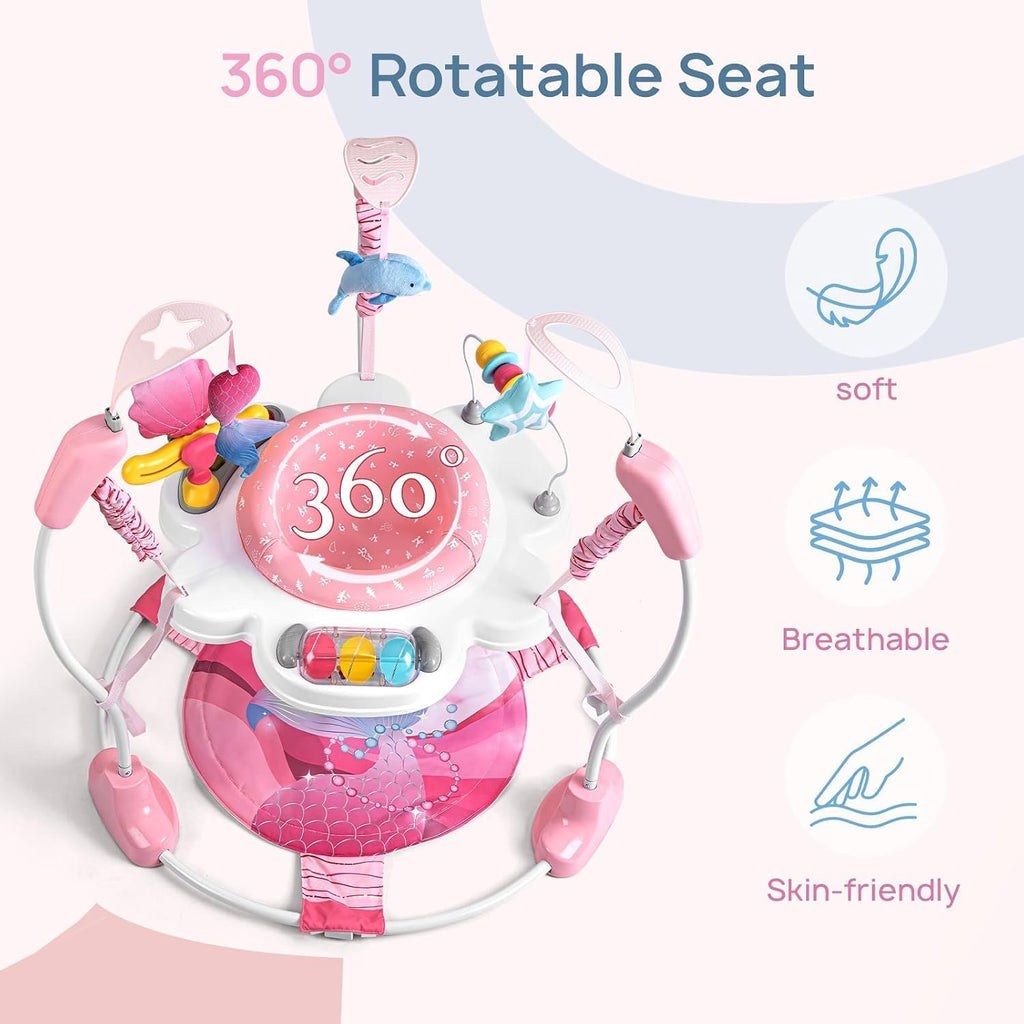 LADIDA Stationary Jumperoo Baby Bouncer Chair Acrobat - 360° Rotating Seat, Musical Toys, and Adjustable Heights (Pink Mermaid) 2501