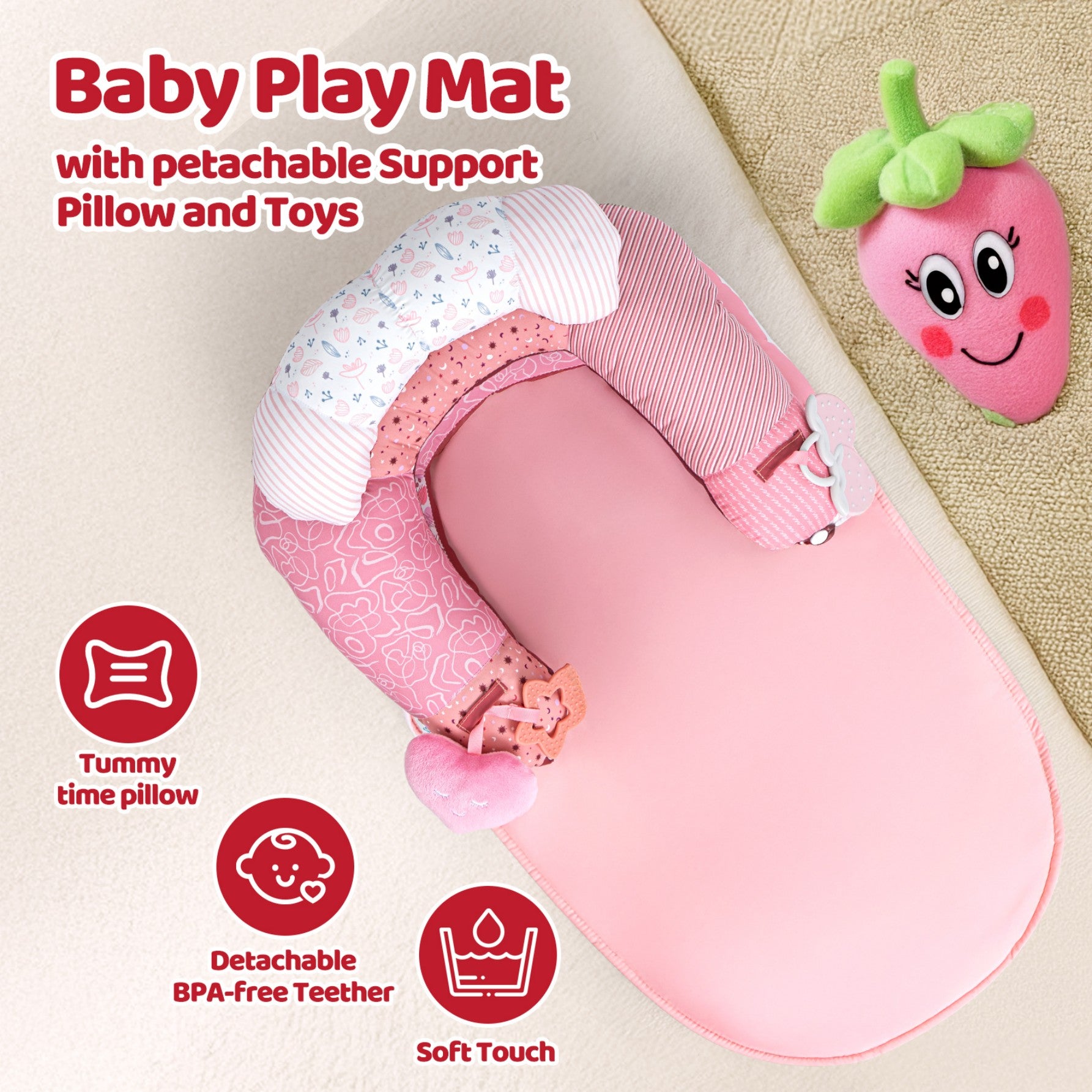 LADIDA 4-in-1 Baby Tummy Time Pillow & Seated Support Playmat,Easy to Clean,Cute Strawberry Design for 0-36Months Infant (Pink) 2501