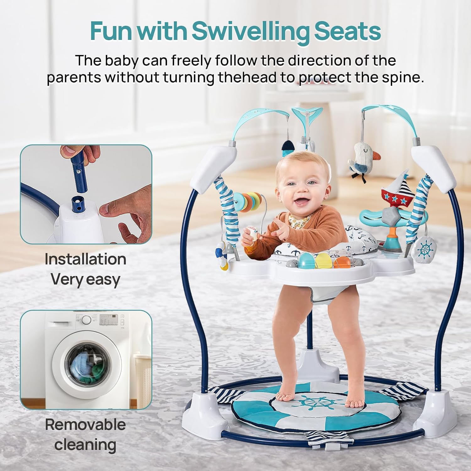 LADIDA Stationary Jumperoo Baby Bouncer Chair Acrobat - 360° Rotating Seat, Musical Toys, and Adjustable Heights (Nautical Activity Blue)