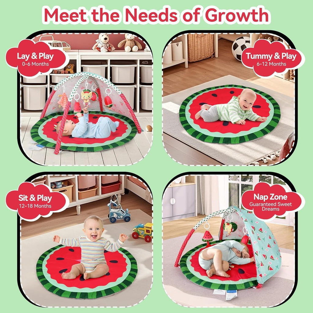 LADIDA Baby Play Mat & Gym, 3-in-1 Watermelon Tummy Time Mat, Oversize Baby Playmat for Babies with Sunshade, Non-Slip Washable Baby Mat, for Newborn, Suitable from Birth